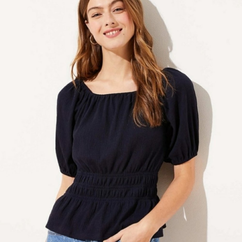 Navy Textured Cinched Waist Top
